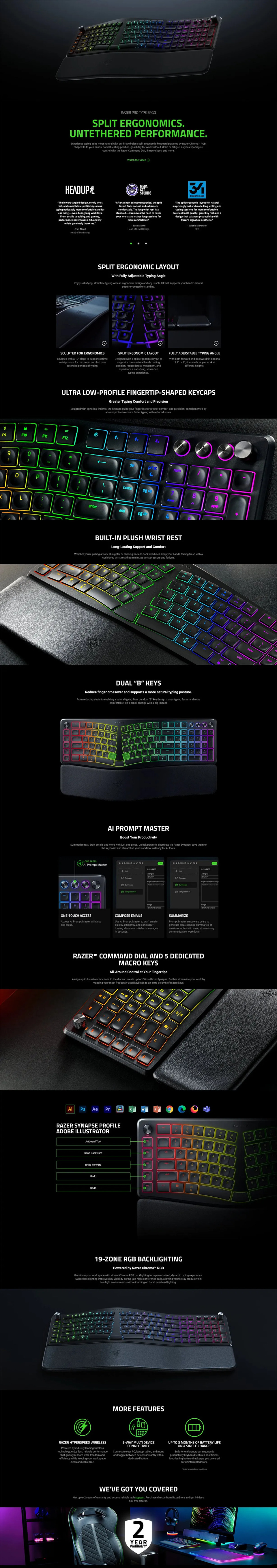 razer pro type ergo rgb wireless ergonomic split membrane keyboard black