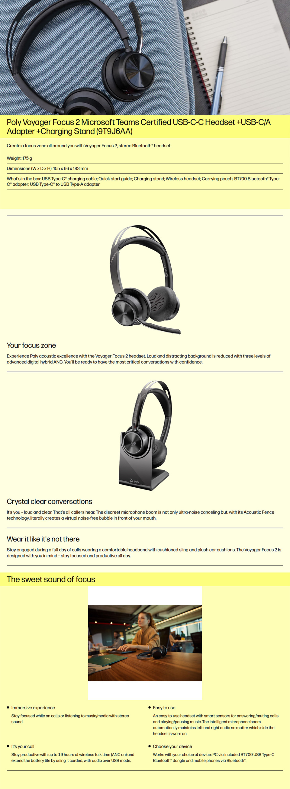 hp poly voyager focus 2 ms teams wireless usb-ac headset black