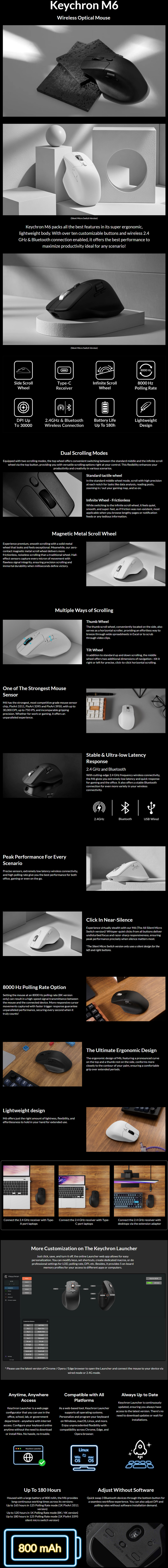 keychron m6 8k wireless pixart 3950 silent micro switch mouse black