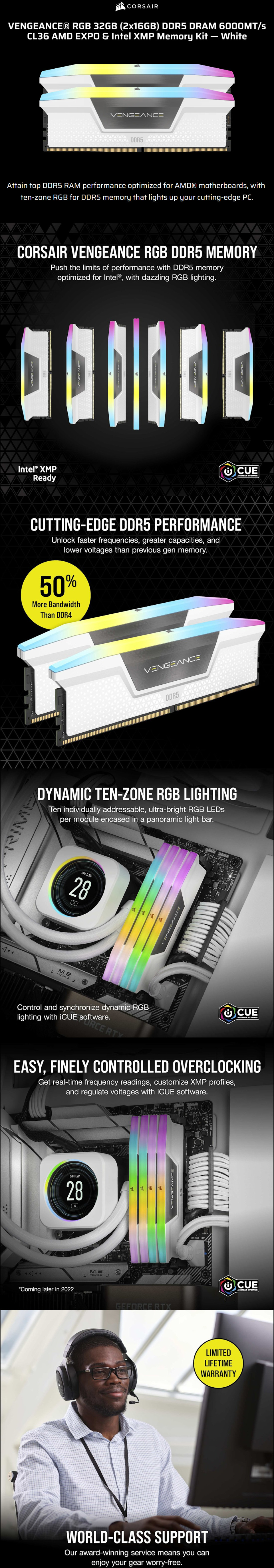 32gb 2x16g corsair vengeance rgb ddr5 6000mts cl36 desktop ram white