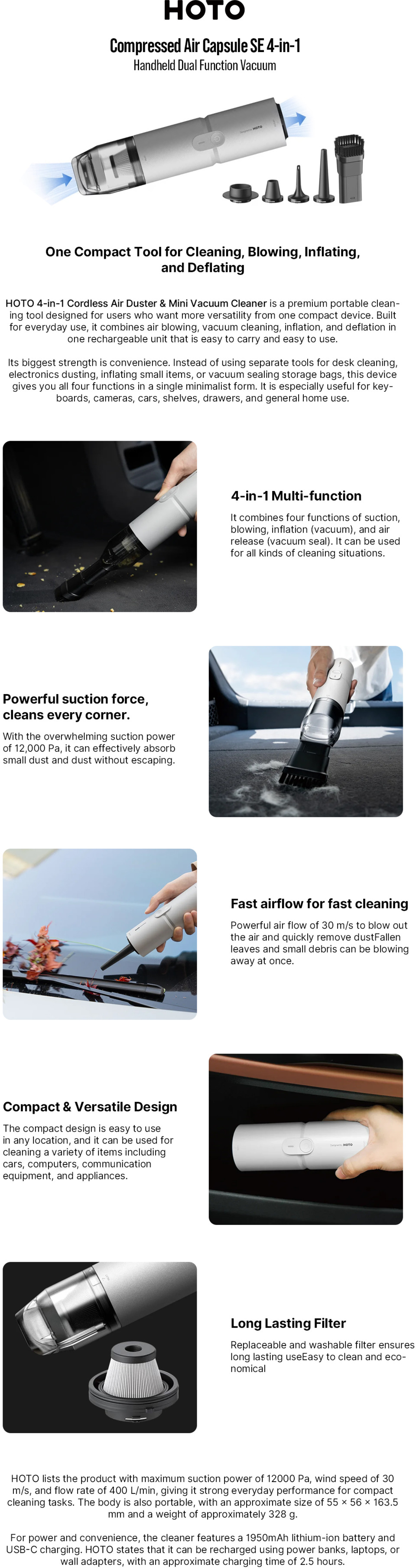 hoto compressed air capsule se 4-in-1 air duster vacuum