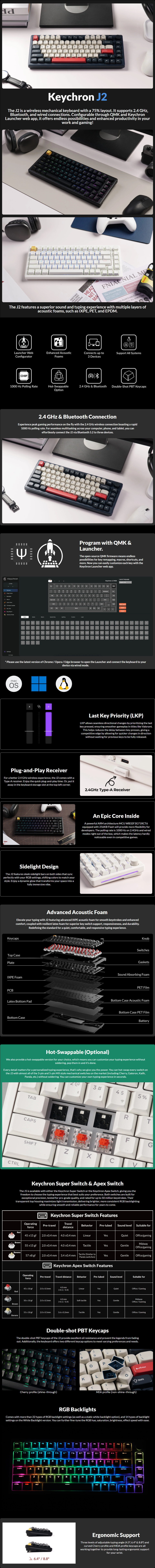 keychron j2 qmk rgb wireless mechanical apex banana gaming keyboard white