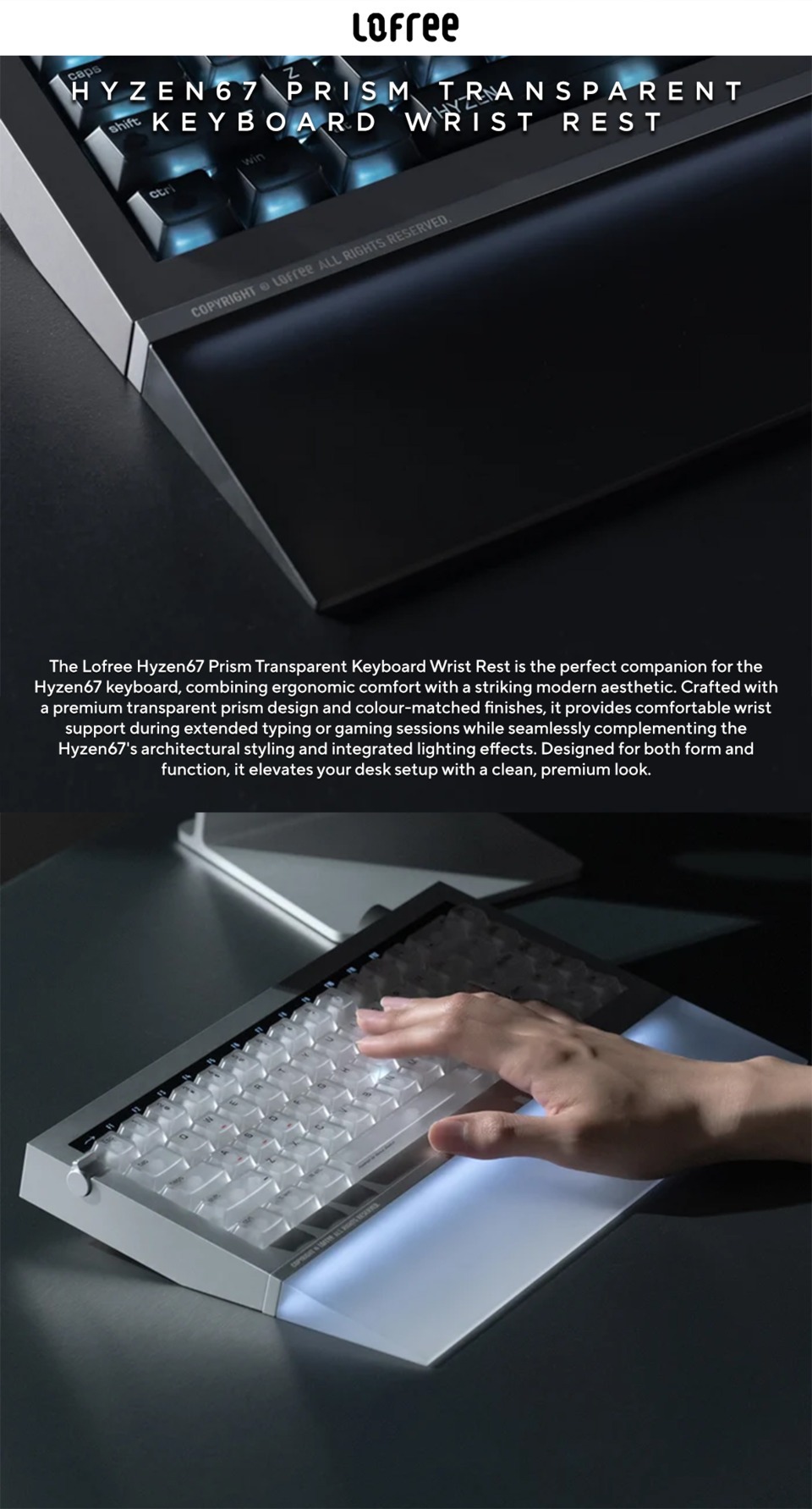 lofree hyzen67 prism transparent keyboard wrist rest silver