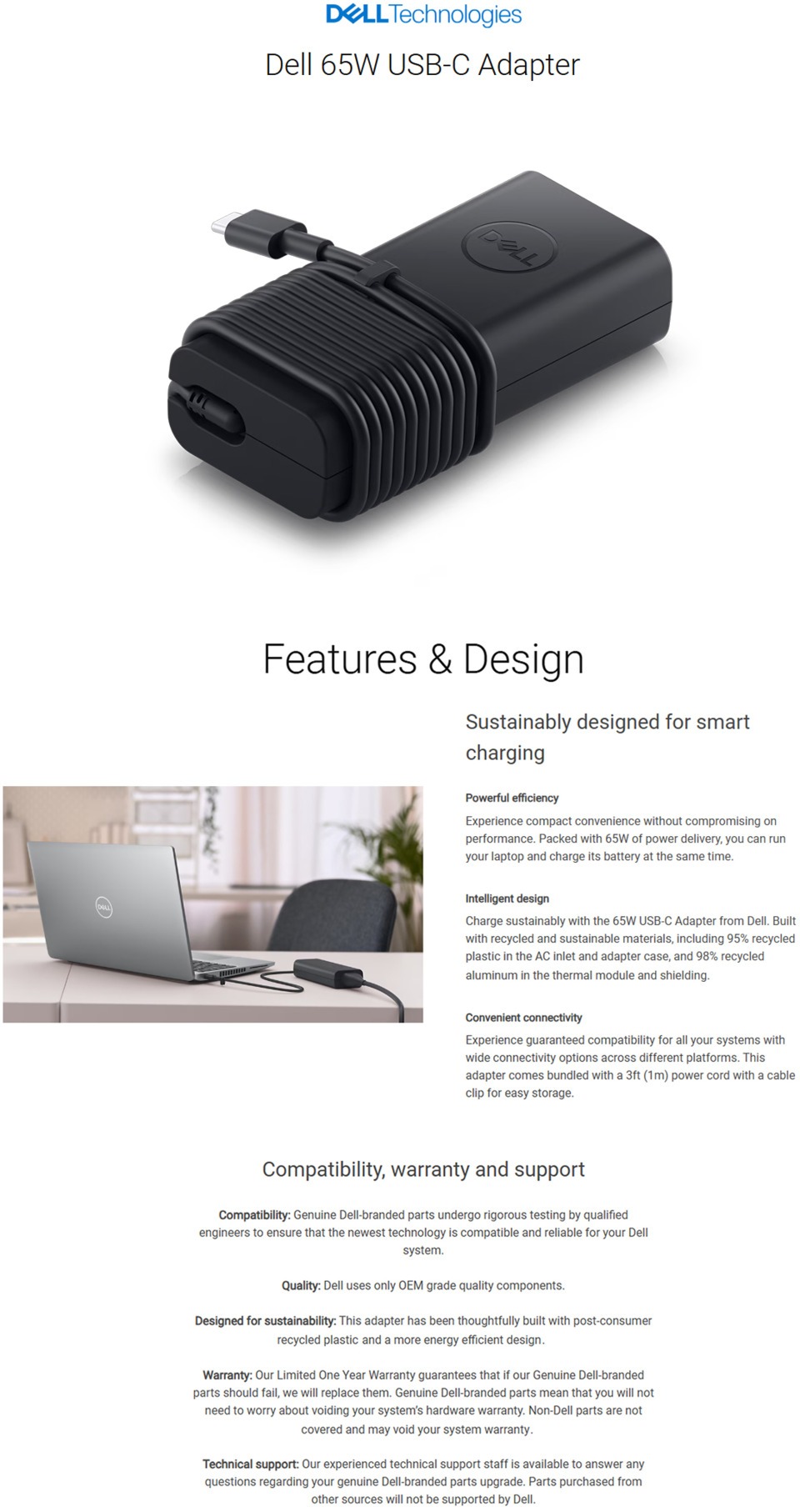 65w dell usb-c ac adapter with power cord