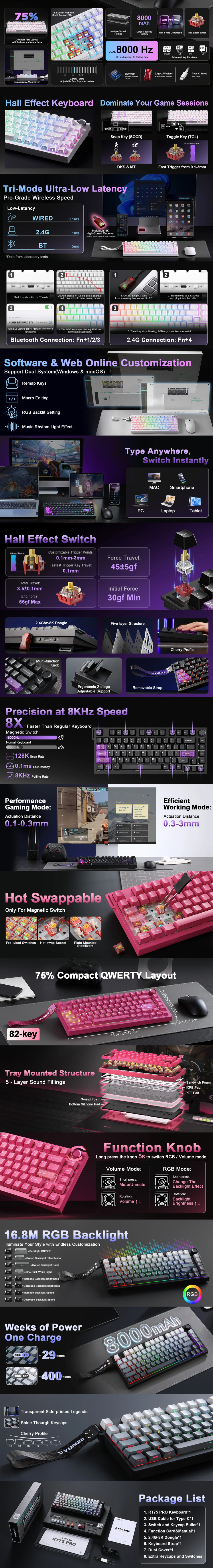 yunzii rt75 pro rgb 8k wireless mechanical magnetic gaming keyboard black