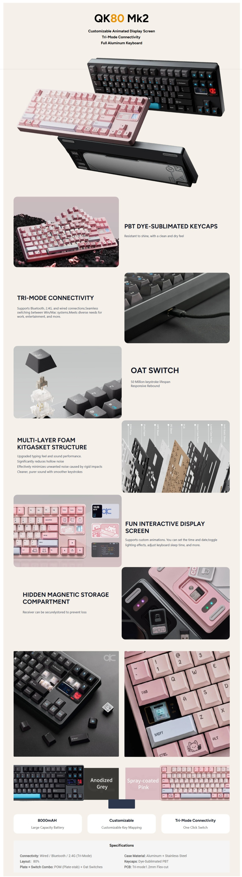 qwertykeys qk80mk2 wireless mechanical linear gaming keyboard white