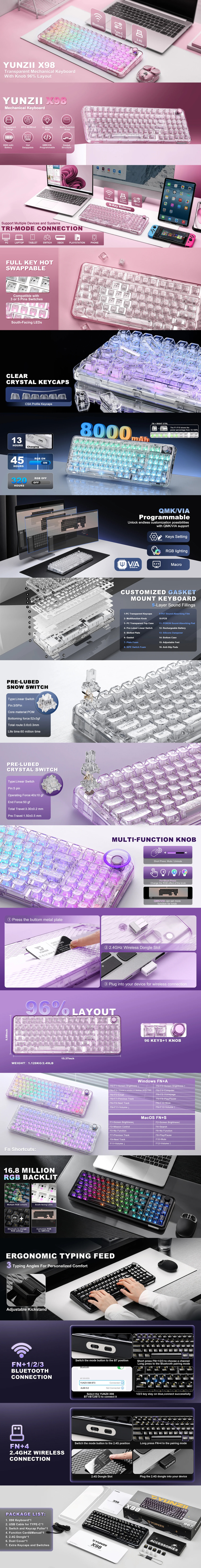 yunzii x98 rgb wireless mechanical linear gaming keyboard transparent black