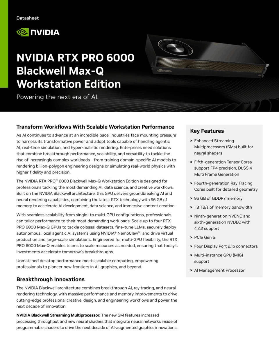 nvidia rtx pro 6000 blackwell max-q 96gb gddr7 graphics card workstation edition