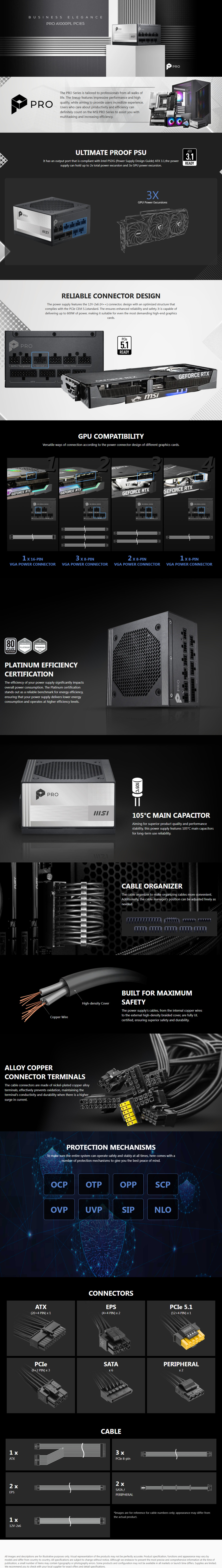 1000 watt msi pro a1000pl pcie5 platinum atx pcie 51 modular power supply black