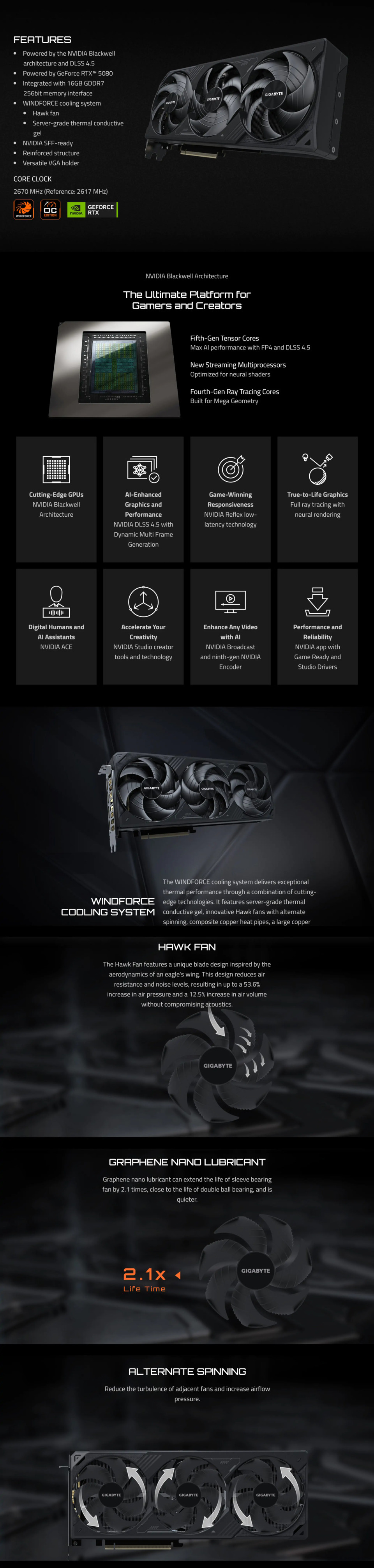 gigabyte geforce rtx 5080 windforce oc v2 sff 16g gddr7 graphics card black