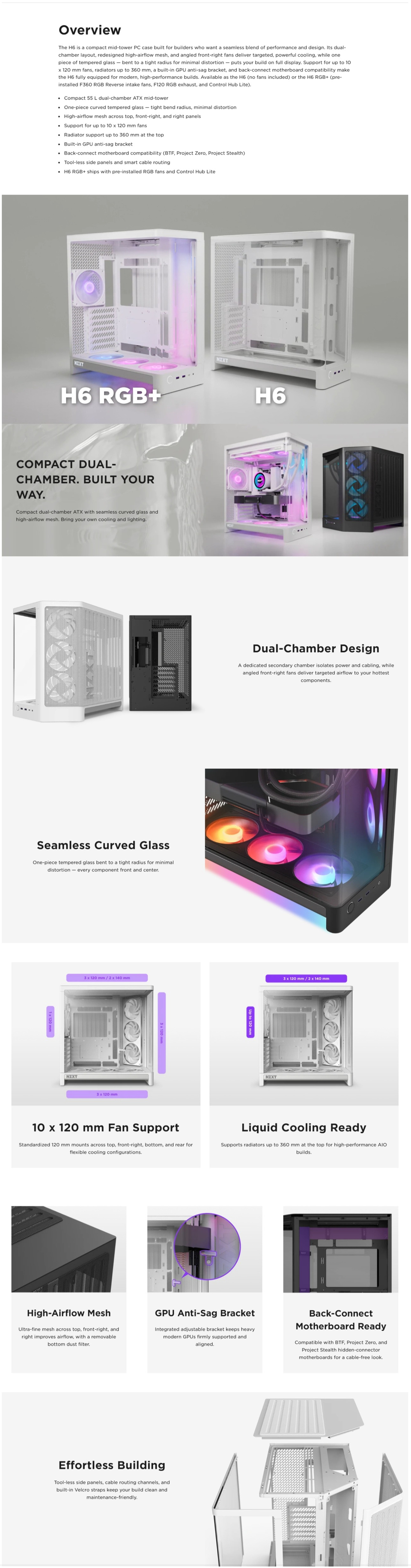 nzxt h6 compact dual-chamber mid-tower airflow case white